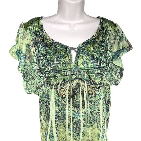 Womens Top Embroidered Bib Lace Back Tie Die Blouse u Green Size XL Boho Shirt E - Picture 2 of 7
